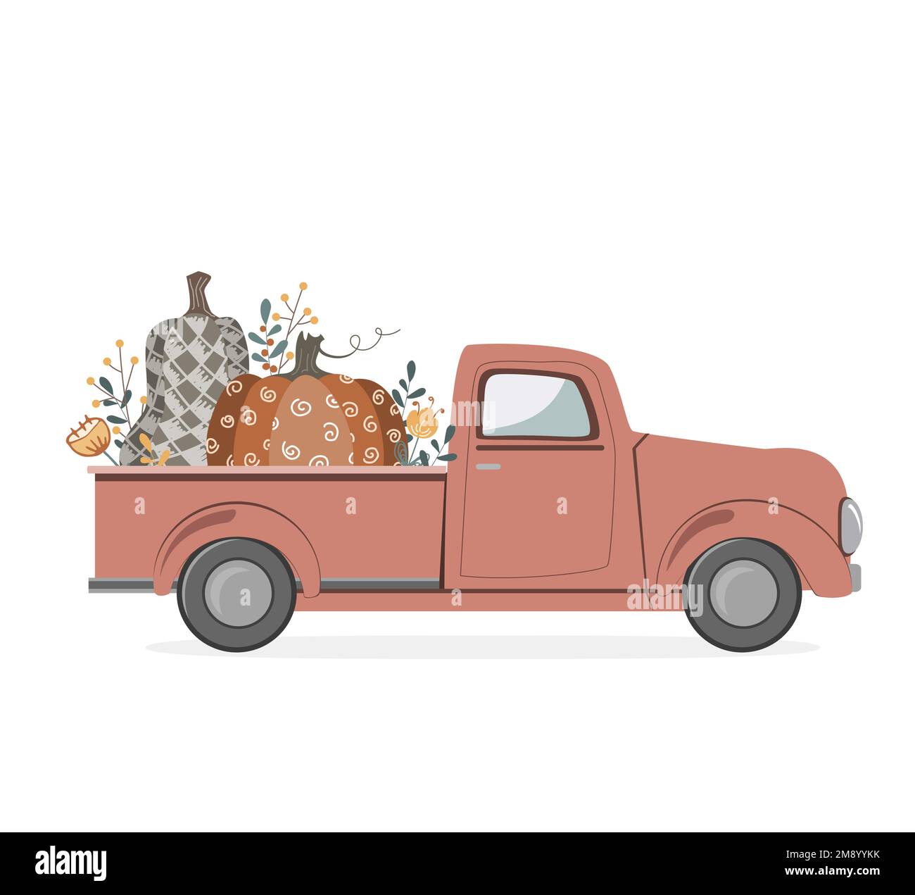 Camion rosso vendemmia con zucche e fiori carini grandi nel tronco per il festival del raccolto autunnale. Illustrazione con isolamento vettoriale Illustrazione Vettoriale
