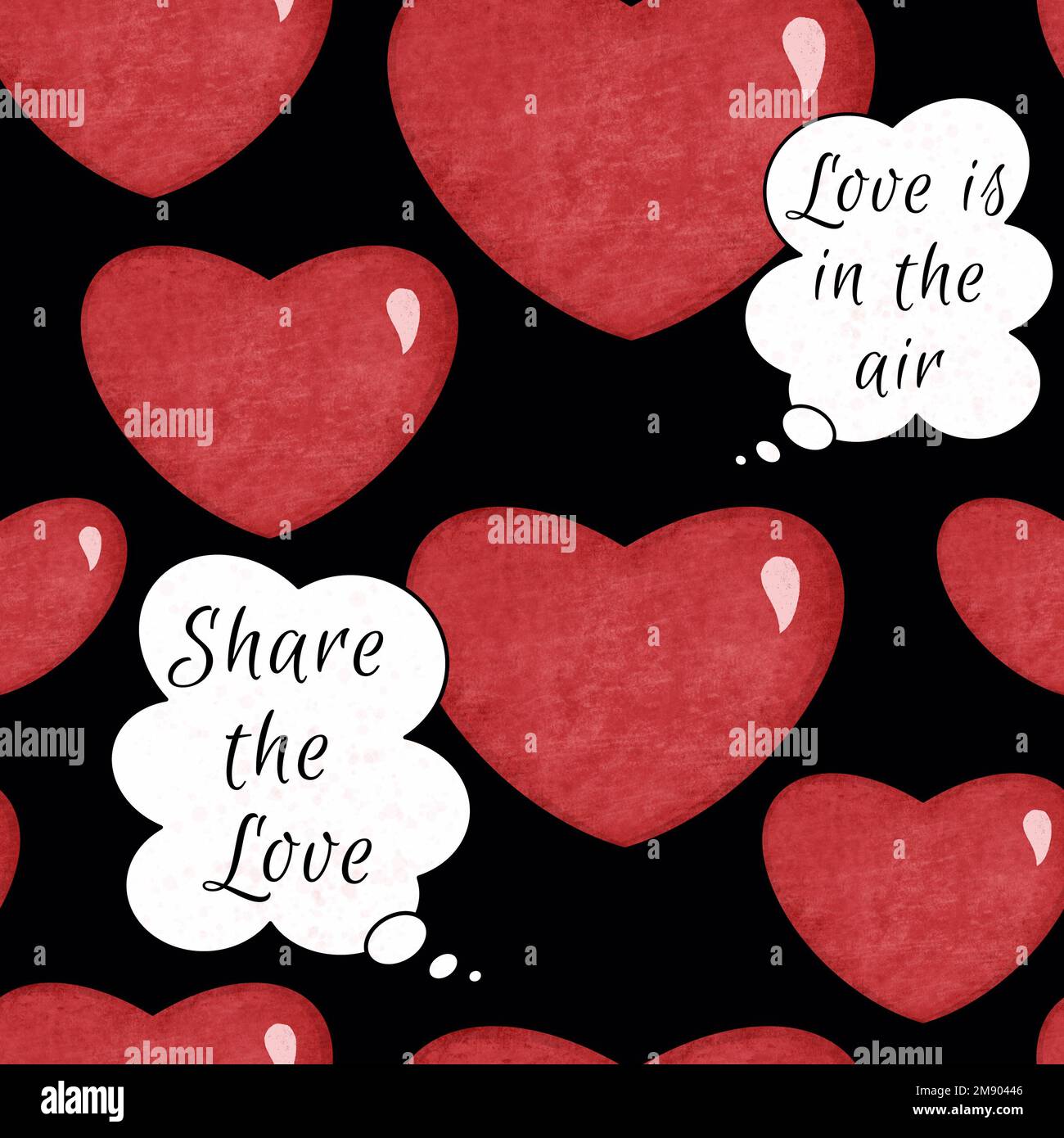 Cuori lucidi modello senza cuciture con parole scritte a mano condividono l'amore e l'amore è nell'aria. Cuori testurizzati su sfondo nero Foto Stock