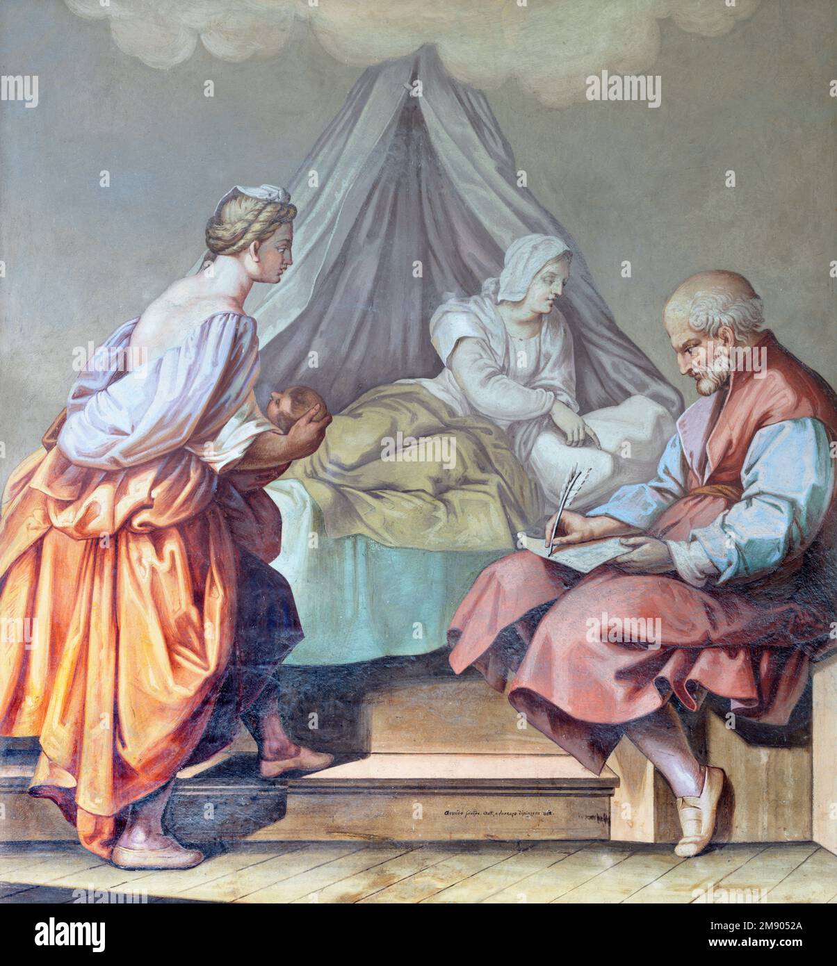 ALAGNA, ITALIA - 16 LUGLIO 2022: L'affresco della Natività di San Giovanni Battista sulla facciata della chiesa di San Giovanni Battista Foto Stock