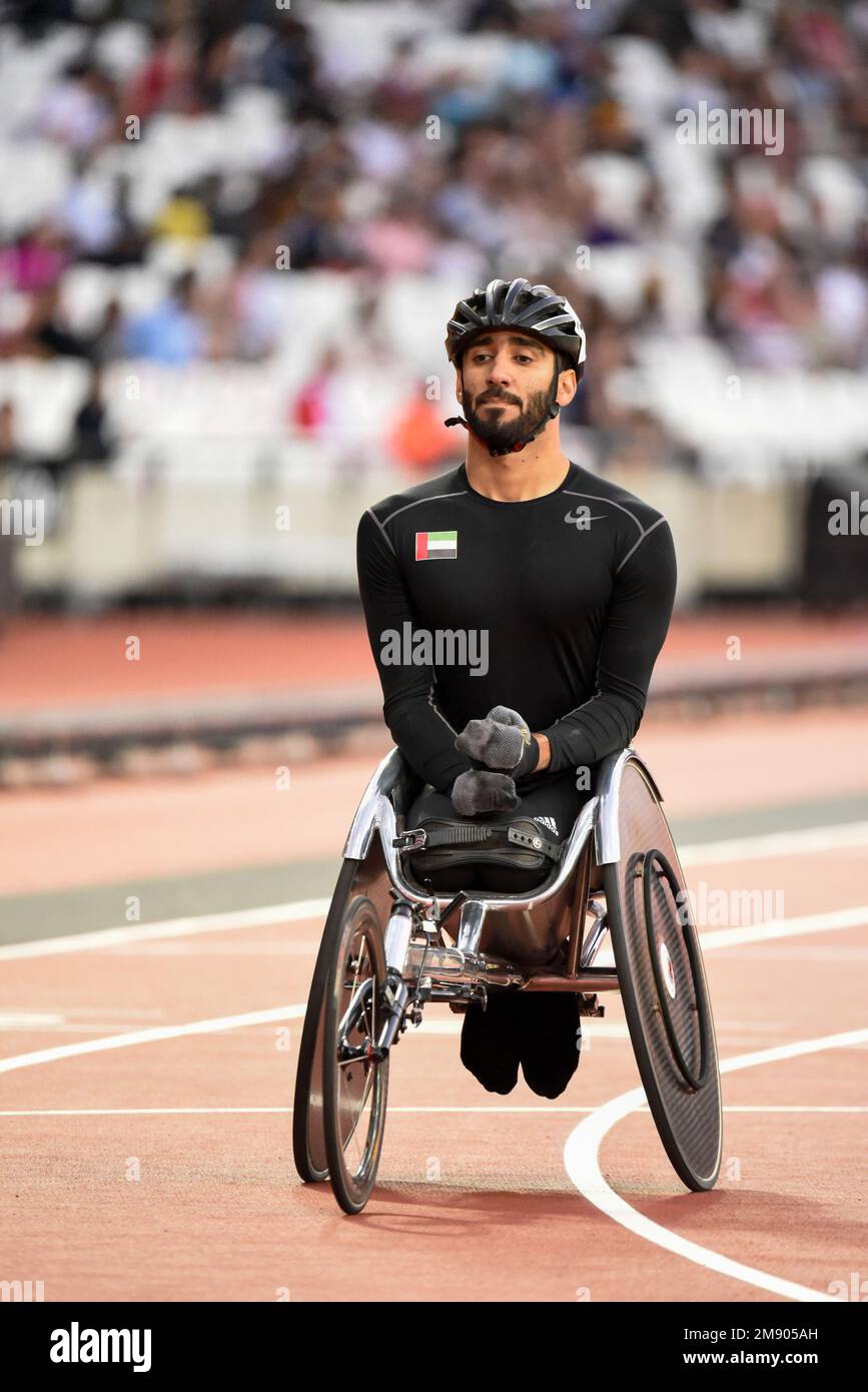 Mohamed Alhammadi dopo aver gareggiato nel 800m T34 nei Campionati Mondiali di Para Athletics del 2017 allo Stadio Olimpico di Londra, Regno Unito. UAE para atleta Foto Stock