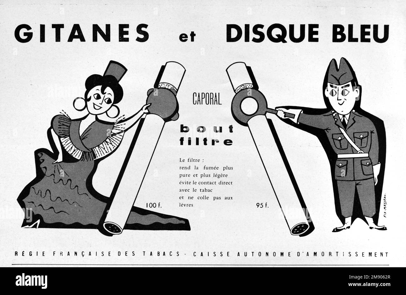 Vintage o Old Advert, Pubblicità, Pubblicità o Illustrazione per le sigarette Gitanes 1956. Illustrato con immagine di Donna zingara o Roma. Foto Stock