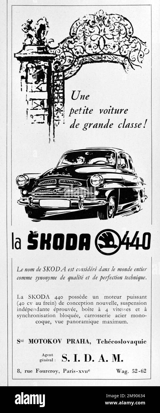 Annuncio vintage o Old, pubblicità, pubblicità o illustrazione per Skoda 440 annuncio a saloon 1956. Lo Skoda 440, noto anche come 440 Spartak, fu prodotto da AZNP in Cecoslovacchia tra il 1955 e il 1959. Foto Stock