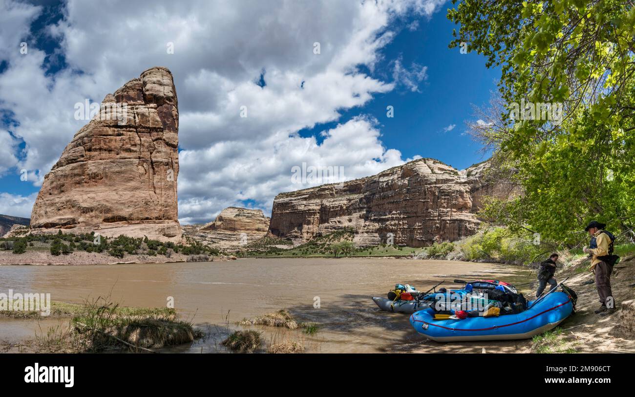 Steamboat Rock, Green River vicino alla confluenza del fiume Yampa, rafting sul fiume Access Point, Echo Park, Dinosaur National Monument, Colorado, USA Foto Stock