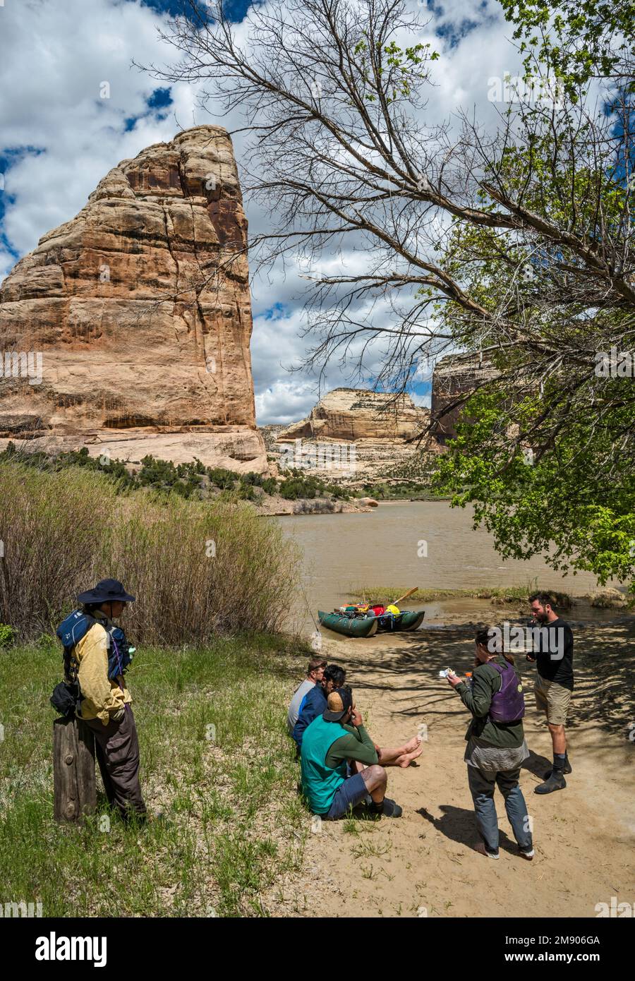 Rafting rilassante al Green River Access Point, vicino alla confluenza del fiume Yampa, Steamboat Rock Behind, Echo Park, Dinosaur National Monument, Colorado, STATI UNITI Foto Stock