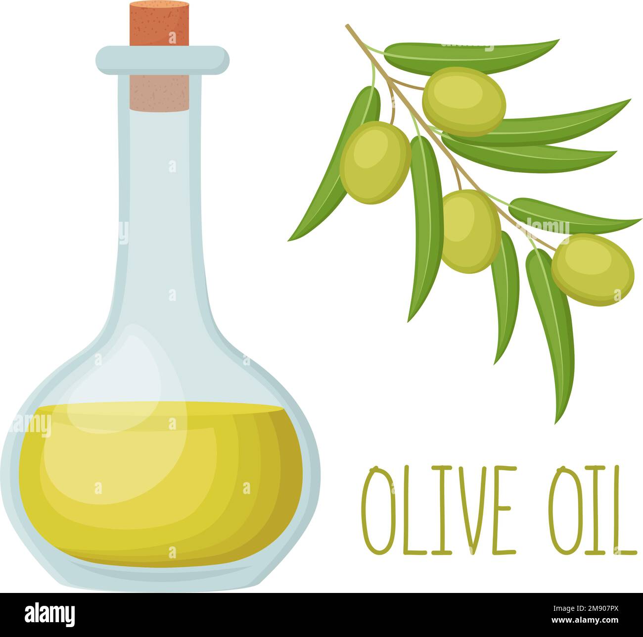 Bottiglia di olio d'oliva e ramo d'oliva isolato su sfondo bianco, illustrazione vettoriale Illustrazione Vettoriale