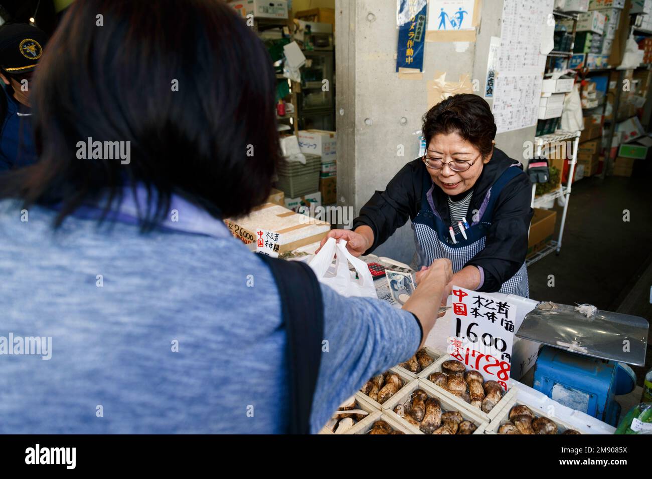 Tokyo, Giappone - 13 agosto 2022 : donna giapponese anziana che vende funghi matsutake freschi a custumer per cucinare il famoso cibo delizioso in autunno a Vegetab Foto Stock