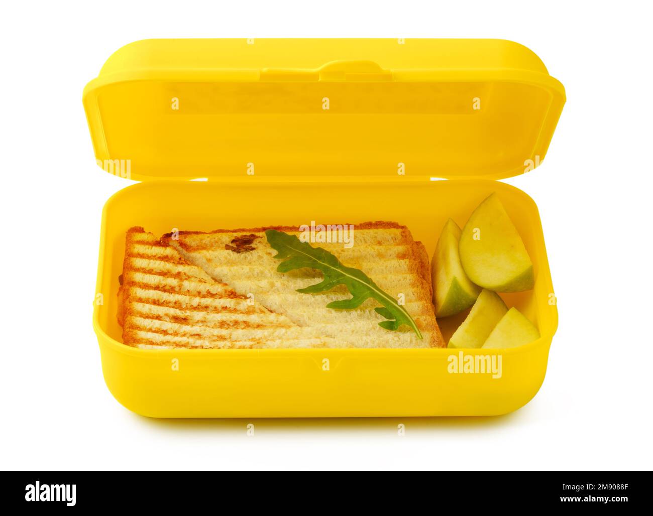 Panino alla griglia in scatola di plastica gialla isolata su bianco Foto Stock