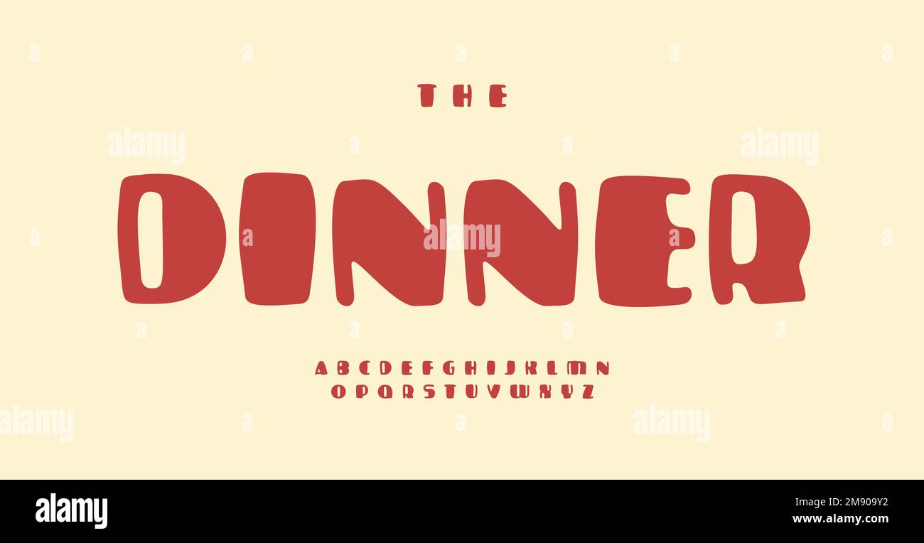 Alfabeto retro Chubby, lettere morbide arrotondate a contrasto audace, font cartoon per il titolo del film classico 70s, logo American Dinner Cafe, menu snack bar e. Illustrazione Vettoriale