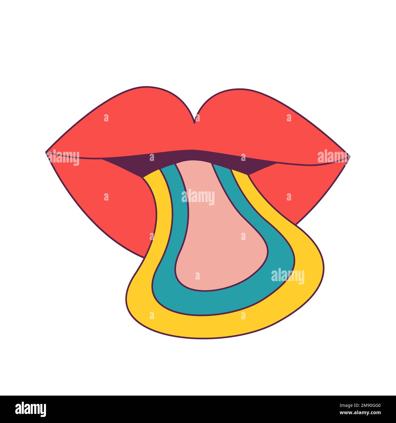 Labbra di cartoni animati rossi con lingua arcobaleno sporgente. Retro groovy 1970 stile, hippie annata nostalgica icona. Per adesivi poster. Illusittrazione vettoriale. Illustrazione Vettoriale