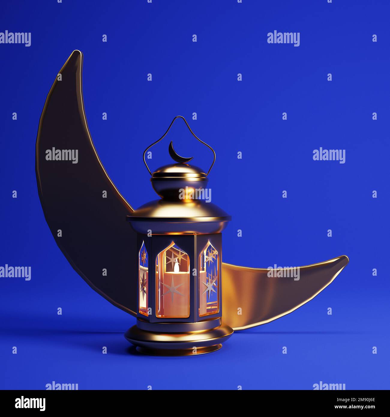 3D sfondo di Ramadan con lanterna d'oro, luna crescente e spazio copia. Foto Stock