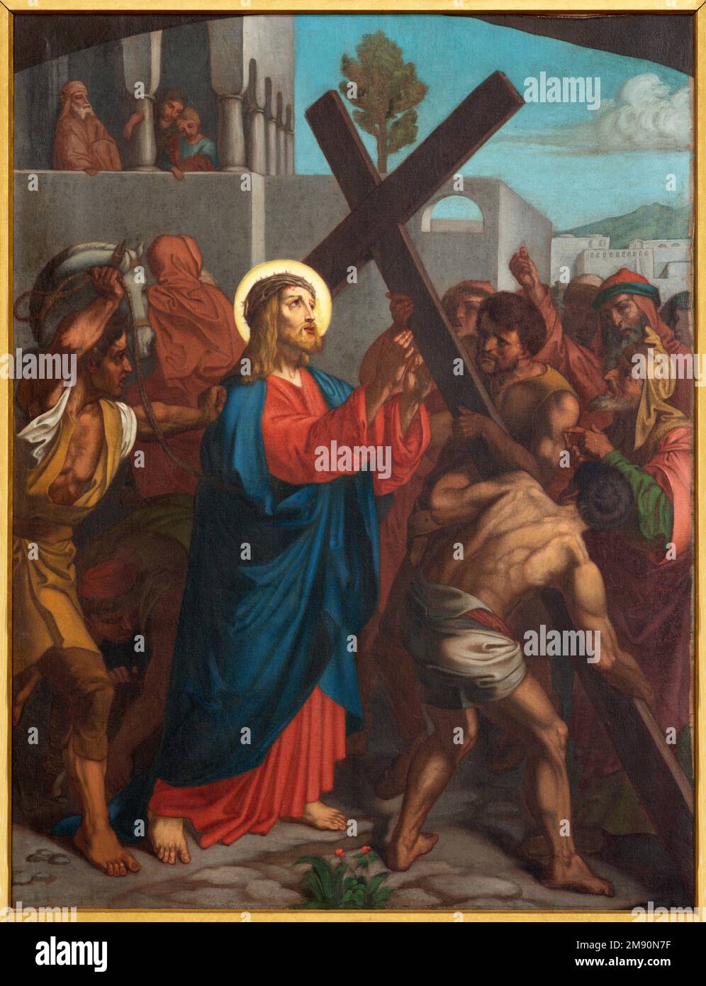 LUCERNA, SVIZZERA - JUNY 24, 2022: Il dipinto Gesù porta la sua croce come parte delle stazioni della Via Crucis nella chiesa Franziskanerkirche Foto Stock