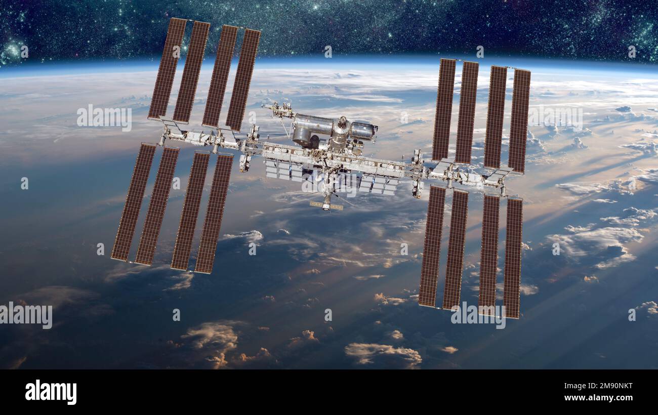 Stazione spaziale internazionale oltre il pianeta terra. Gli elementi di questa immagine fornita dalla NASA. Foto Stock