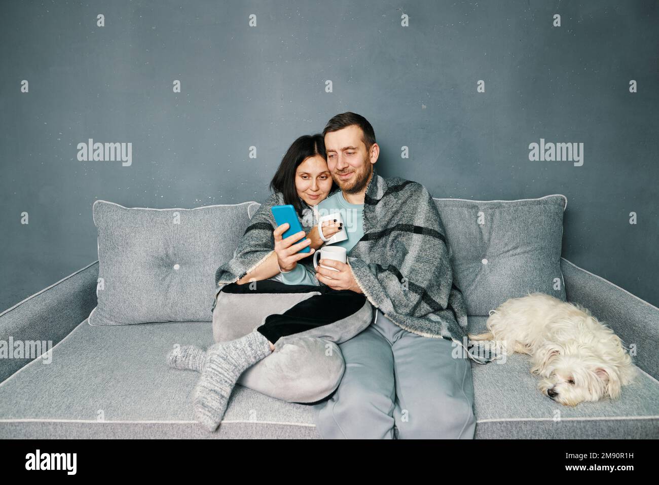 Giovane coppia sorridente che abbraccia mentre guardava lo smartphone seduto sul divano in un appartamento moderno. Trascorrere del tempo insieme a casa. Felice amore di famiglia co Foto Stock