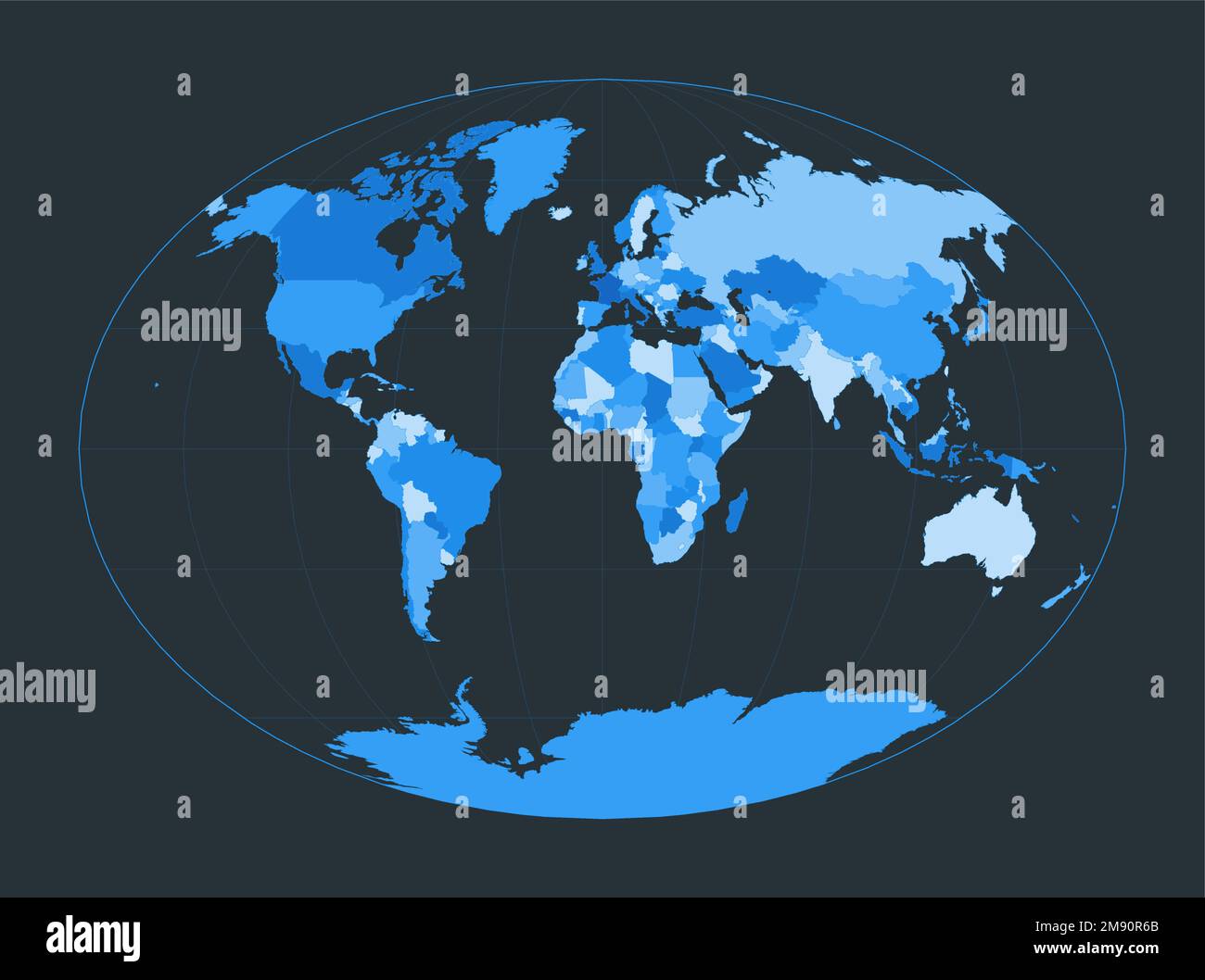 Mappa del mondo. Fahey proiezione pseudocilindrica. Illustrazione futuristica del mondo per la vostra infografica. Bella tavolozza di colori blu. Illustratio vettoriale di classe Illustrazione Vettoriale