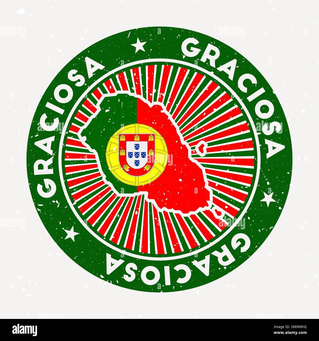 Francobollo rotondo Graciosa. Logo dell'isola con bandiera. Badge vintage con testo circolare e stelle, illustrazione vettoriale. Illustrazione Vettoriale