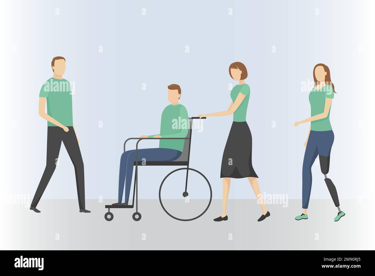Uomo con disabilità e donna con protesi delle gambe. Illustrazione vettoriale. Illustrazione Vettoriale