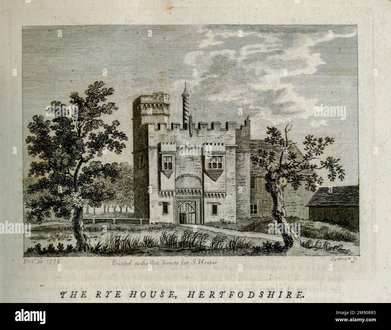 Rye House a Hoddesdon, Hertfordshire è un antico maniero fortificato, situato in quello che è ora il Lee Valley Regional Park. Il casello è l'unica parte della struttura sopravvissuta ed è un edificio classificato di primo livello. La casa ha dato il suo nome al Rye House Plot, un tentativo di assassinio del 1683 che è stata una conseguenza violenta della crisi di esclusione nella politica britannica alla fine degli anni '1670s. Dal libro ' supplemento alle antichità dell'Inghilterra e del Galles ' di Francis Grose, data di pubblicazione 1777 Foto Stock