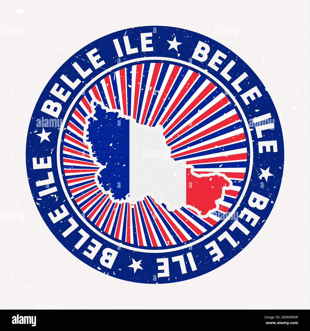 Francobollo rotondo Belle Ile. Logo dell'isola con bandiera. Badge vintage con testo circolare e stelle, illustrazione vettoriale. Illustrazione Vettoriale