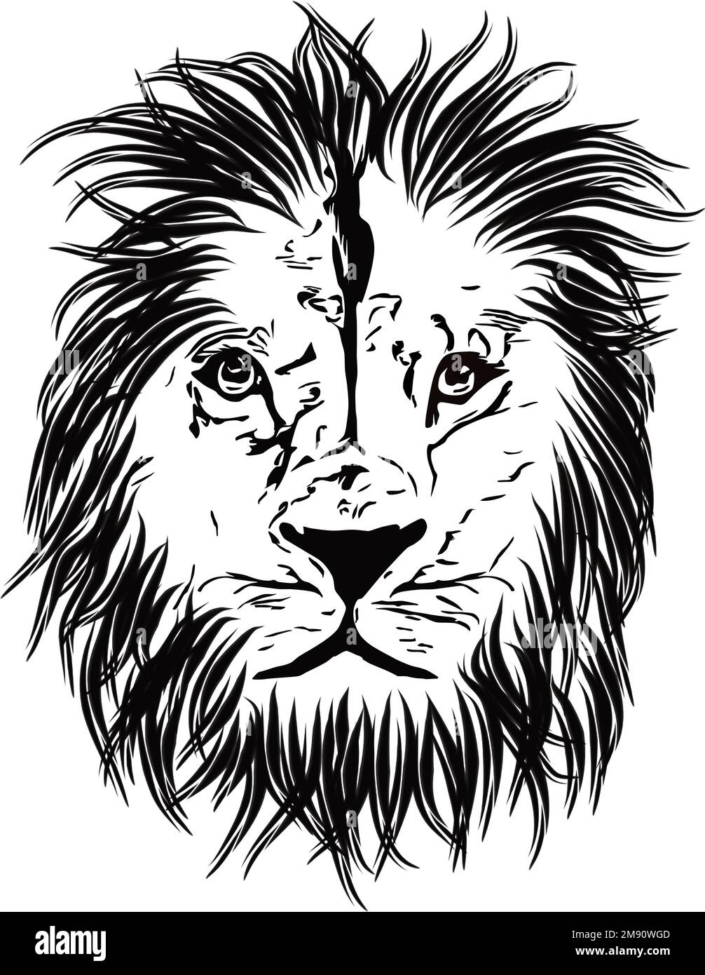 Illustrazione a inchiostro di una testa Lions nella vista frontale. Ideale per la stampa di T-shirt, motivi, logo o adesivi. Illustrazione Vettoriale