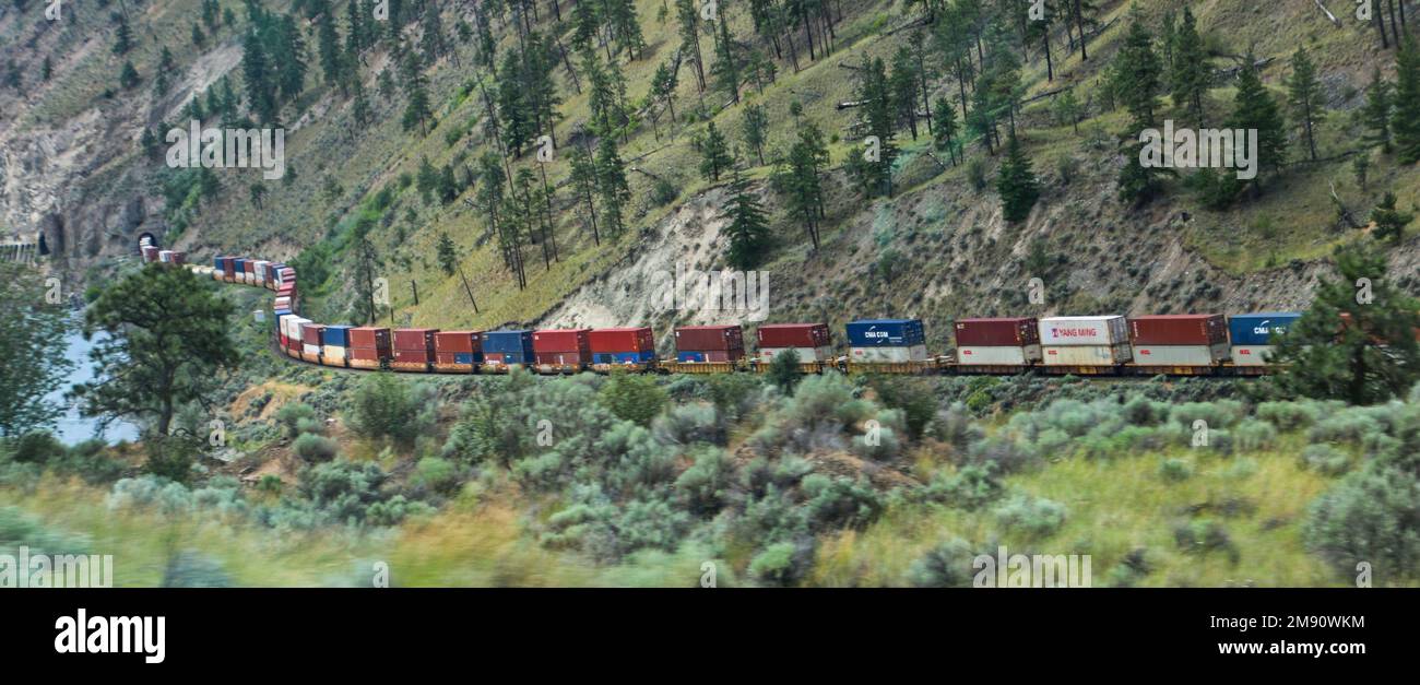 Grande e lungo cargo treno che si snoda attraverso Fraser Canyon, British Colombia montagne, Canada Foto Stock