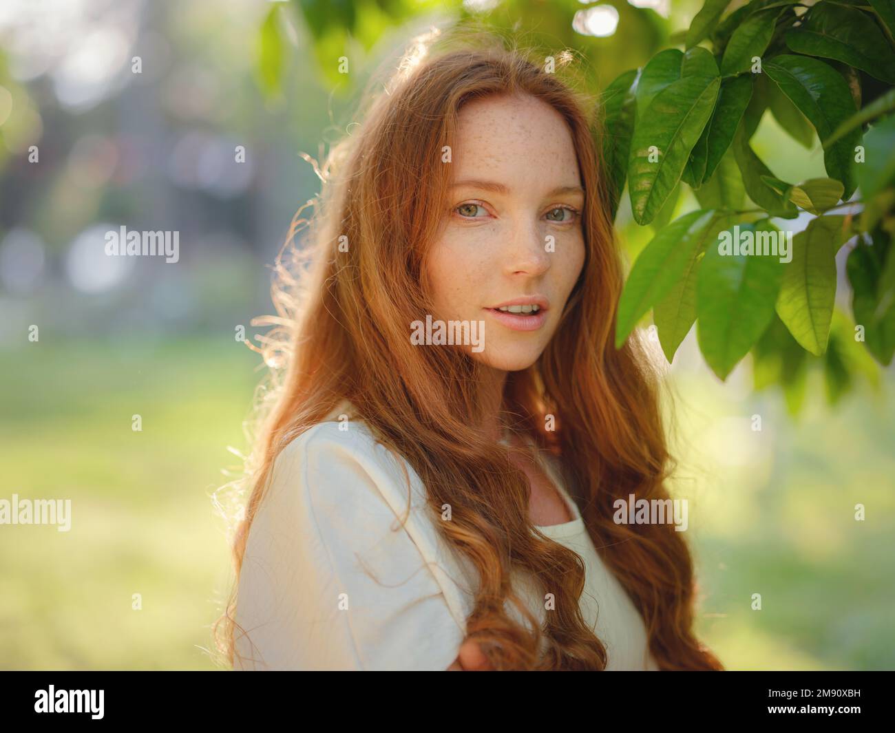 Bellezza Donna faccia con pelle sana e pianta verde al tramonto tempo all'aperto. Stile di vita sano, bellezza, concetto naturale. Bel ritratto melanconico Foto Stock