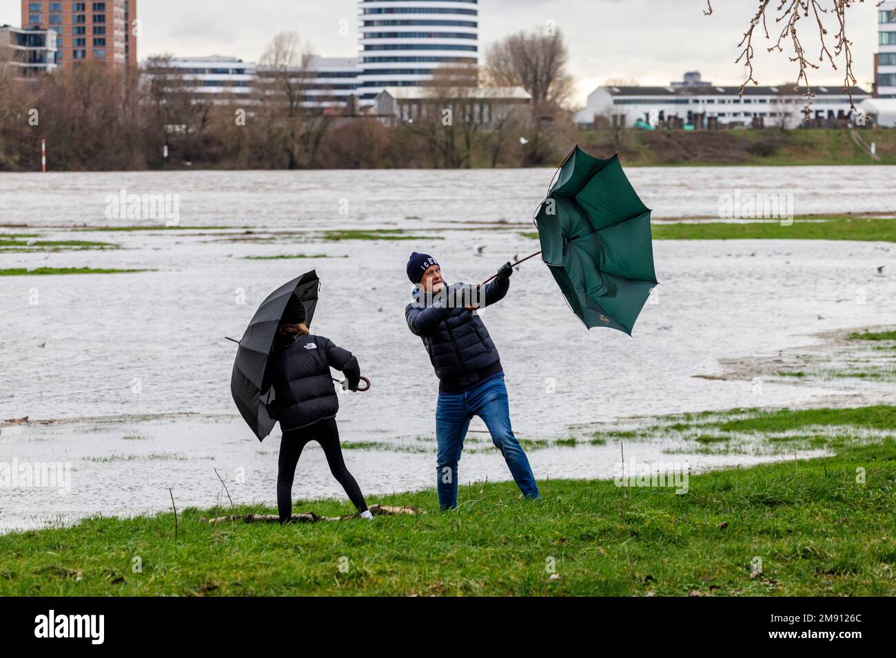 Aumento del livello dell'acqua sul Reno a Düsseldorf, più pioggia e tempo tempesta, padre e figlia sulle rive del Reno Foto Stock