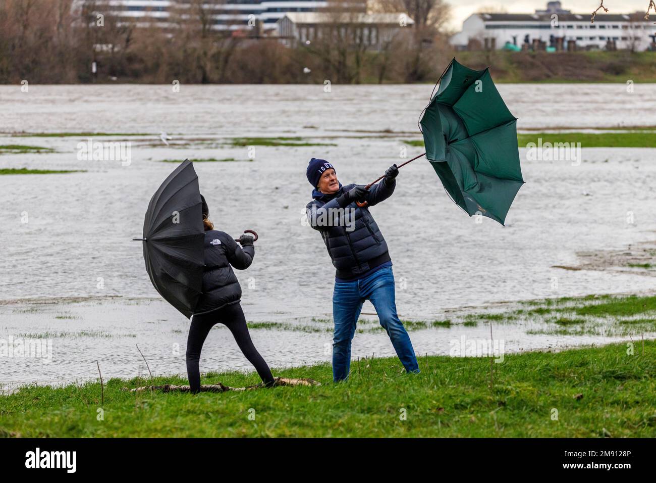 Aumento del livello dell'acqua sul Reno a Düsseldorf, più pioggia e tempo tempesta, padre e figlia sulle rive del Reno Foto Stock