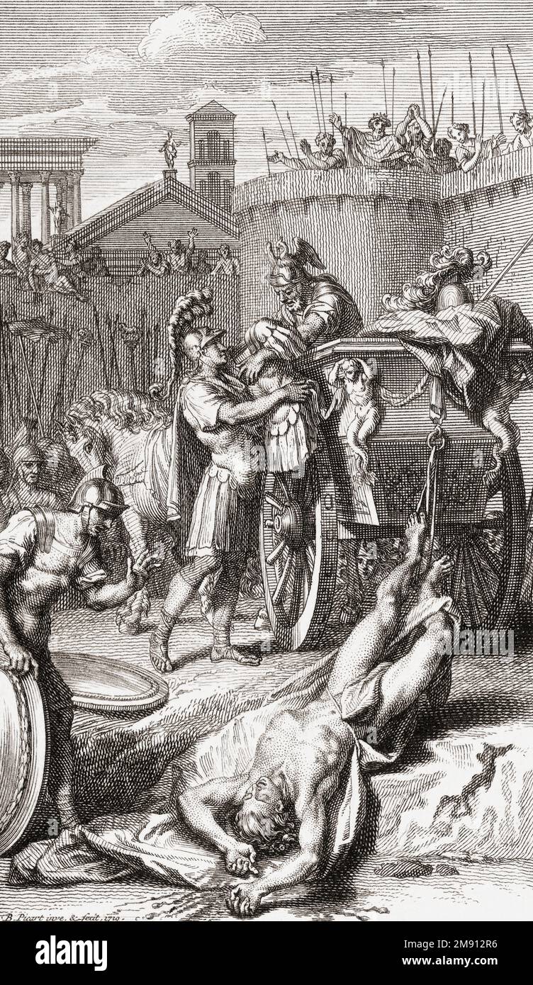 Dopo aver ucciso Hector in combattimento a mani nude come vendetta per la morte del suo amico Patroclo, Achille trascina il corpo di Hector dietro il suo carro davanti alle mura di Troia. Un incidente dell'Iliade di Omero. Dopo un'opera di Bernard Picart. Foto Stock
