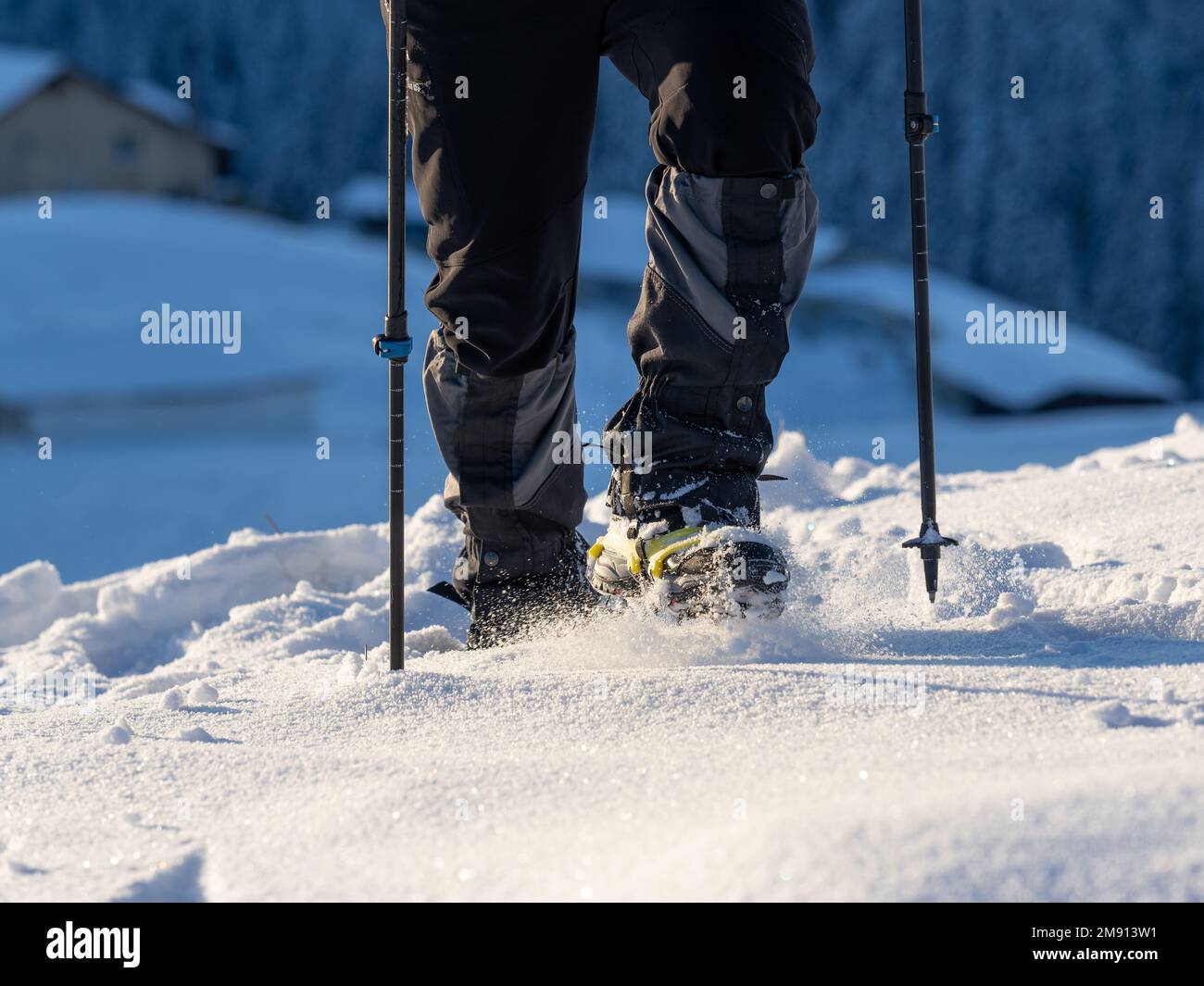 Primo piano di un uomo che si arrampica su una montagna coperta di neve, in scarponi con pattini. Trekking invernale all'aperto Foto Stock