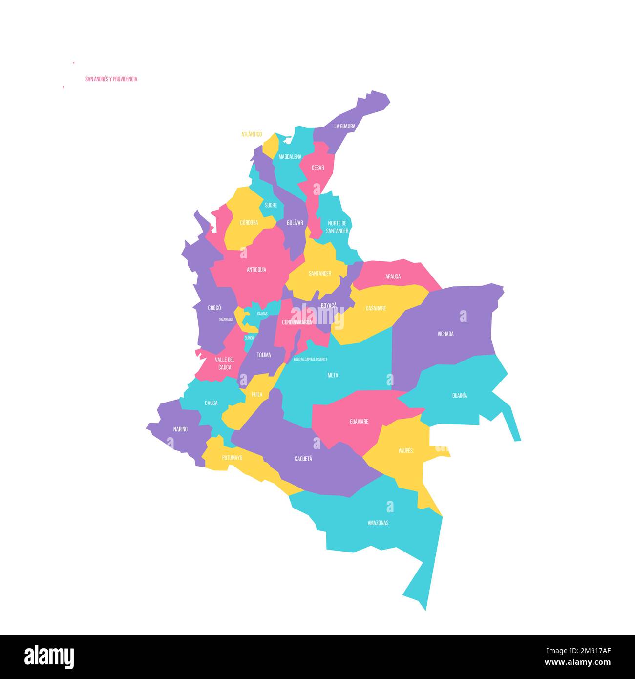 Colombia mappa politica delle divisioni amministrative - dipartimenti e distretto della capitale. Mappa vettoriale colorata con etichette. Illustrazione Vettoriale