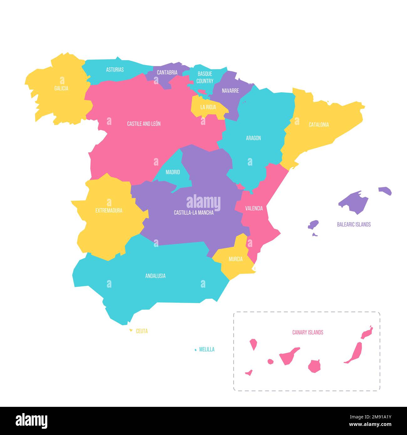 Spagna carta politica delle divisioni amministrative - Comunità autonome e città autonome di Ceuta e Melilla. Mappa vettoriale colorata con etichette. Illustrazione Vettoriale