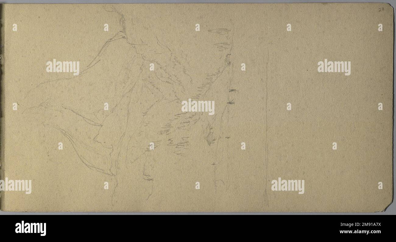 Sketchbook italiano Sanford Robinson Gifford (americano, 1823-1880). Sketchbook italiano, 1867-1868. Grafite su carta marrone, peso medio, leggermente ruvida, 5 x 9 x 7/16 pollici (12,7 x 22,9 x 1,1 cm). Questo libro di schizzo è stato utilizzato come diario di viaggio per il pittore di paesaggio della Hudson River School Sanford Robinson Gifford durante i suoi viaggi in Francia, Svizzera e Italia. In questo spread di due pagine raffigurante la chiesa di Santa Caterina del Sasso, arroccata precariamente sul bordo di una rupe che domina il Lago maggiore in Italia, le linee precise e sicure di Gifford esemplificano le sue capacità di disegnatore. Un pr Foto Stock