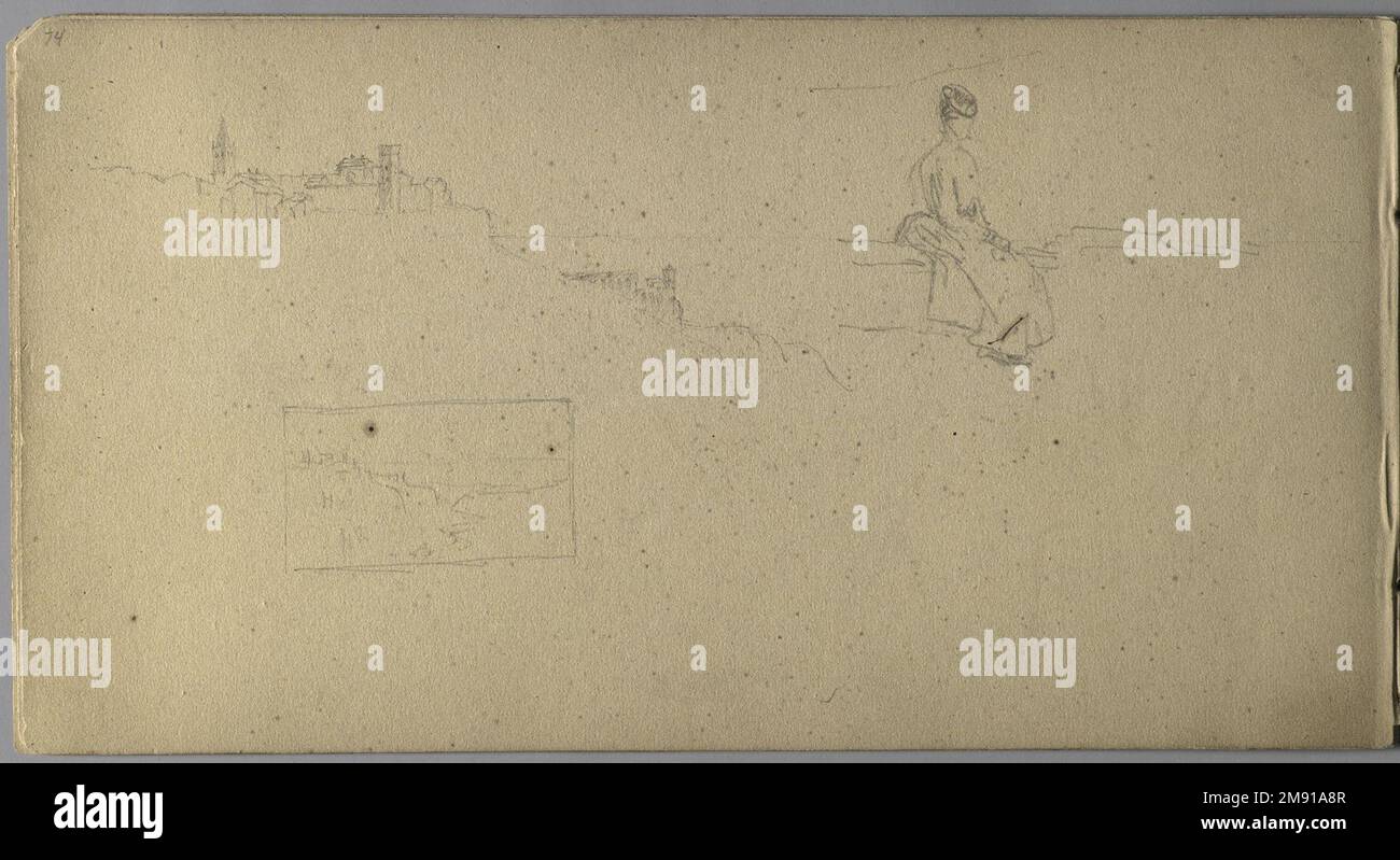 Sketchbook italiano Sanford Robinson Gifford (americano, 1823-1880). Sketchbook italiano, 1867-1868. Grafite su carta marrone, peso medio, leggermente ruvida, 5 x 9 x 7/16 pollici (12,7 x 22,9 x 1,1 cm). Questo libro di schizzo è stato utilizzato come diario di viaggio per il pittore di paesaggio della Hudson River School Sanford Robinson Gifford durante i suoi viaggi in Francia, Svizzera e Italia. In questo spread di due pagine raffigurante la chiesa di Santa Caterina del Sasso, arroccata precariamente sul bordo di una rupe che domina il Lago maggiore in Italia, le linee precise e sicure di Gifford esemplificano le sue capacità di disegnatore. Un pr Foto Stock