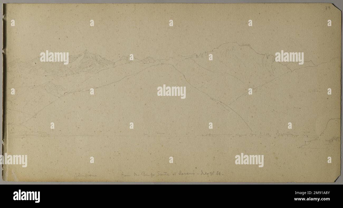 Sketchbook italiano Sanford Robinson Gifford (americano, 1823-1880). Sketchbook italiano, 1867-1868. Grafite su carta marrone, peso medio, leggermente ruvida, 5 x 9 x 7/16 pollici (12,7 x 22,9 x 1,1 cm). Questo libro di schizzo è stato utilizzato come diario di viaggio per il pittore di paesaggio della Hudson River School Sanford Robinson Gifford durante i suoi viaggi in Francia, Svizzera e Italia. In questo spread di due pagine raffigurante la chiesa di Santa Caterina del Sasso, arroccata precariamente sul bordo di una rupe che domina il Lago maggiore in Italia, le linee precise e sicure di Gifford esemplificano le sue capacità di disegnatore. Un pr Foto Stock