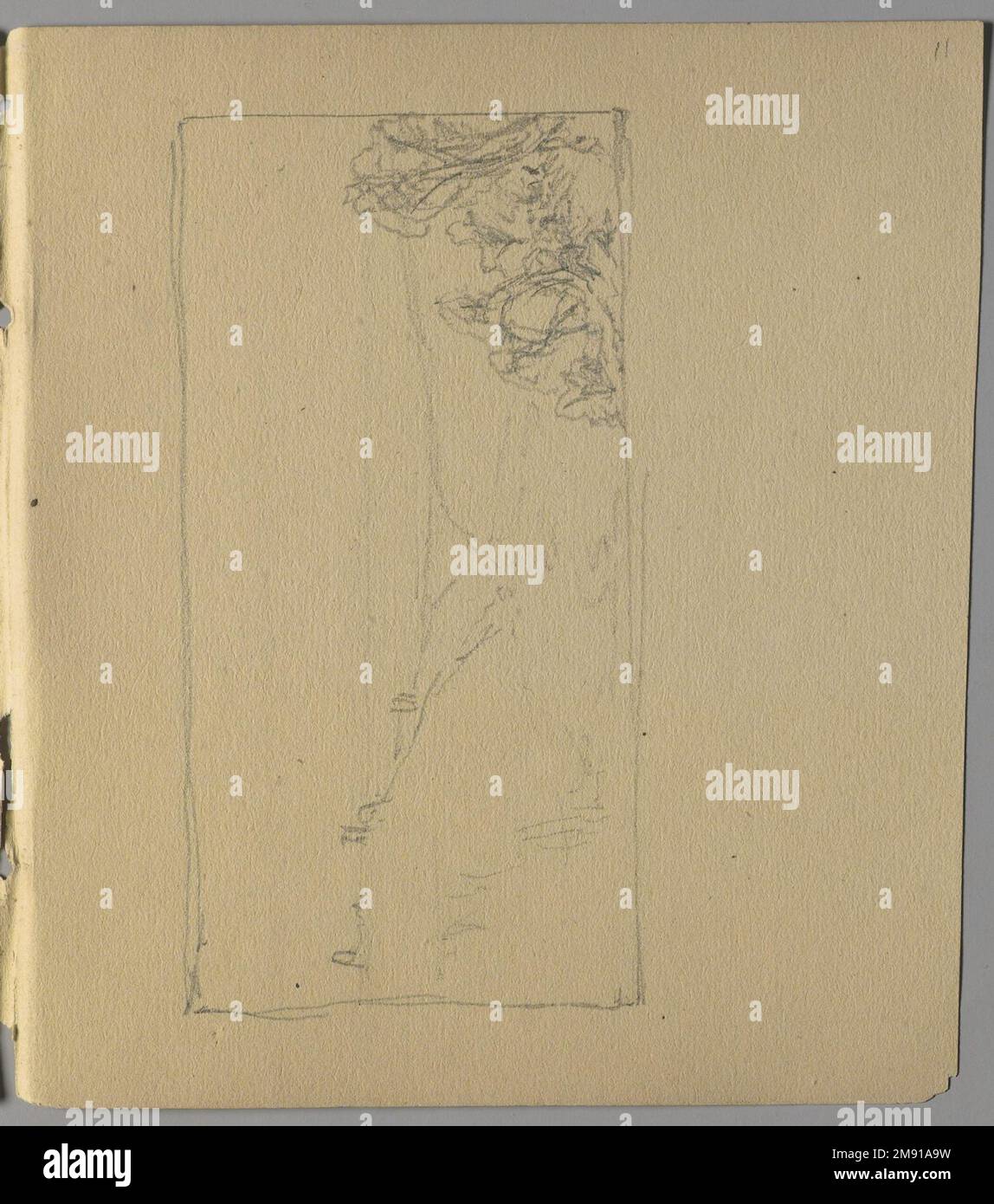 Sketchbook italiano Sanford Robinson Gifford (americano, 1823-1880). Sketchbook italiano, 1867-1868. Grafite su carta marrone, peso medio, leggermente ruvida, 5 x 9 x 7/16 pollici (12,7 x 22,9 x 1,1 cm). Questo libro di schizzo è stato utilizzato come diario di viaggio per il pittore di paesaggio della Hudson River School Sanford Robinson Gifford durante i suoi viaggi in Francia, Svizzera e Italia. In questo spread di due pagine raffigurante la chiesa di Santa Caterina del Sasso, arroccata precariamente sul bordo di una rupe che domina il Lago maggiore in Italia, le linee precise e sicure di Gifford esemplificano le sue capacità di disegnatore. Un pr Foto Stock