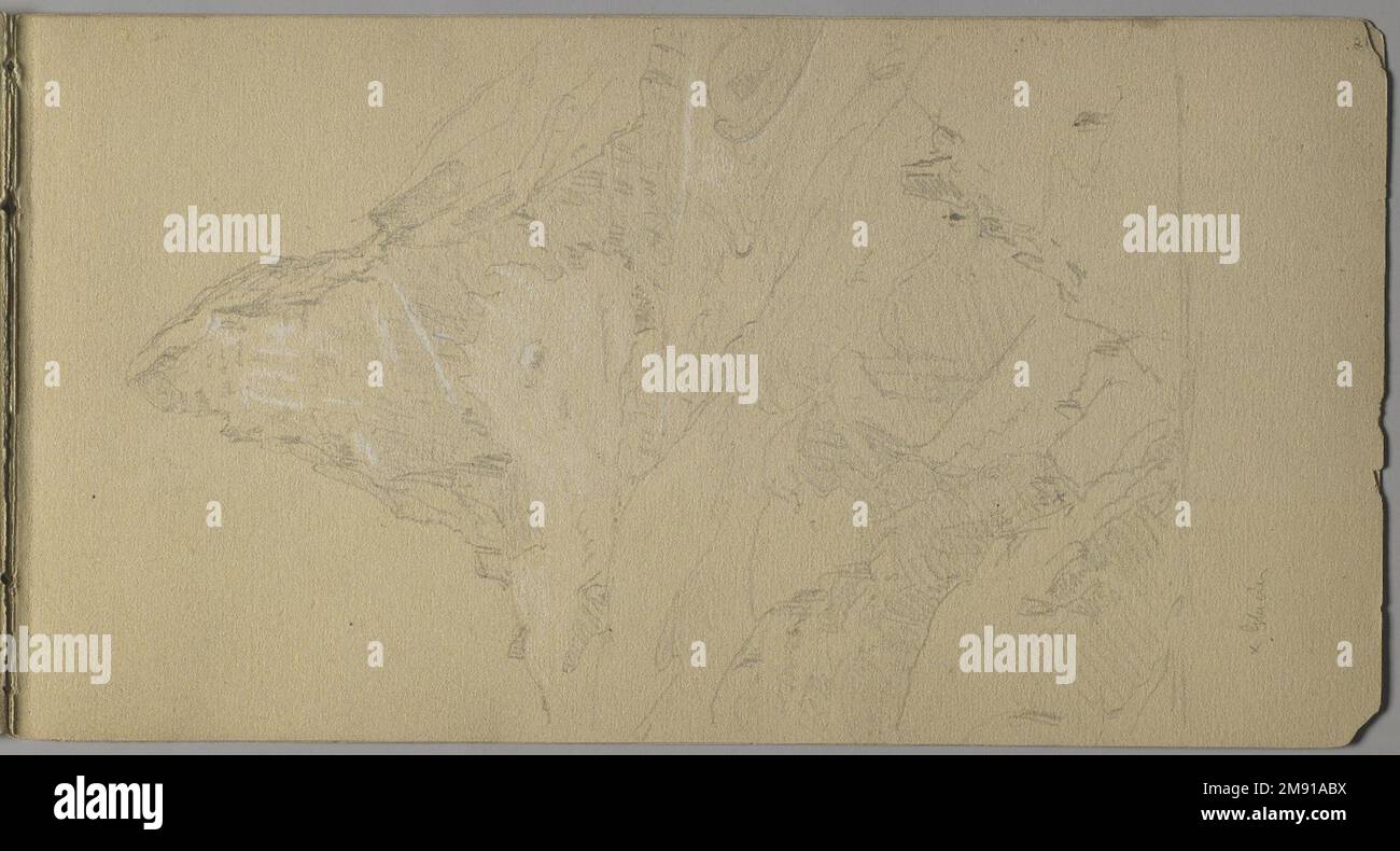 Sketchbook italiano Sanford Robinson Gifford (americano, 1823-1880). Sketchbook italiano, 1867-1868. Grafite su carta marrone, peso medio, leggermente ruvida, 5 x 9 x 7/16 pollici (12,7 x 22,9 x 1,1 cm). Questo libro di schizzo è stato utilizzato come diario di viaggio per il pittore di paesaggio della Hudson River School Sanford Robinson Gifford durante i suoi viaggi in Francia, Svizzera e Italia. In questo spread di due pagine raffigurante la chiesa di Santa Caterina del Sasso, arroccata precariamente sul bordo di una rupe che domina il Lago maggiore in Italia, le linee precise e sicure di Gifford esemplificano le sue capacità di disegnatore. Un pr Foto Stock