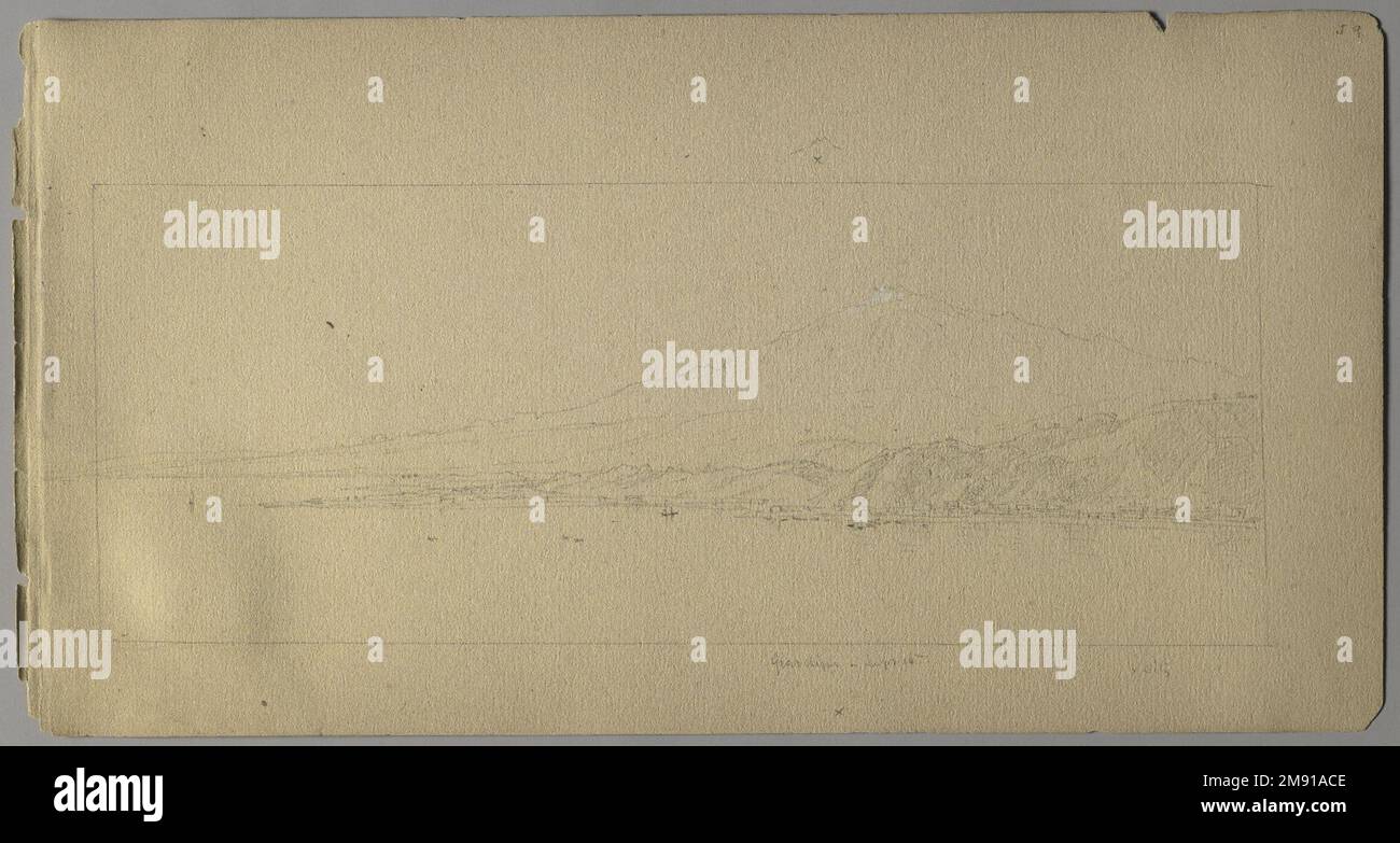 Sketchbook italiano Sanford Robinson Gifford (americano, 1823-1880). Sketchbook italiano, 1867-1868. Grafite su carta marrone, peso medio, leggermente ruvida, 5 x 9 x 7/16 pollici (12,7 x 22,9 x 1,1 cm). Questo libro di schizzo è stato utilizzato come diario di viaggio per il pittore di paesaggio della Hudson River School Sanford Robinson Gifford durante i suoi viaggi in Francia, Svizzera e Italia. In questo spread di due pagine raffigurante la chiesa di Santa Caterina del Sasso, arroccata precariamente sul bordo di una rupe che domina il Lago maggiore in Italia, le linee precise e sicure di Gifford esemplificano le sue capacità di disegnatore. Un pr Foto Stock