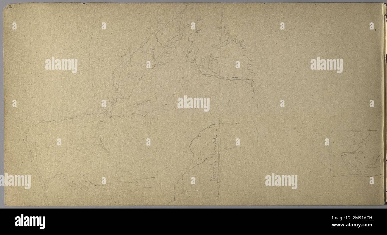 Sketchbook italiano Sanford Robinson Gifford (americano, 1823-1880). Sketchbook italiano, 1867-1868. Grafite su carta marrone, peso medio, leggermente ruvida, 5 x 9 x 7/16 pollici (12,7 x 22,9 x 1,1 cm). Questo libro di schizzo è stato utilizzato come diario di viaggio per il pittore di paesaggio della Hudson River School Sanford Robinson Gifford durante i suoi viaggi in Francia, Svizzera e Italia. In questo spread di due pagine raffigurante la chiesa di Santa Caterina del Sasso, arroccata precariamente sul bordo di una rupe che domina il Lago maggiore in Italia, le linee precise e sicure di Gifford esemplificano le sue capacità di disegnatore. Un pr Foto Stock