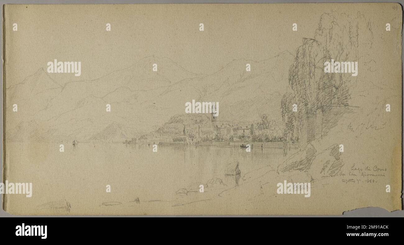 Sketchbook italiano Sanford Robinson Gifford (americano, 1823-1880). Sketchbook italiano, 1867-1868. Grafite su carta marrone, peso medio, leggermente ruvida, 5 x 9 x 7/16 pollici (12,7 x 22,9 x 1,1 cm). Questo libro di schizzo è stato utilizzato come diario di viaggio per il pittore di paesaggio della Hudson River School Sanford Robinson Gifford durante i suoi viaggi in Francia, Svizzera e Italia. In questo spread di due pagine raffigurante la chiesa di Santa Caterina del Sasso, arroccata precariamente sul bordo di una rupe che domina il Lago maggiore in Italia, le linee precise e sicure di Gifford esemplificano le sue capacità di disegnatore. Un pr Foto Stock