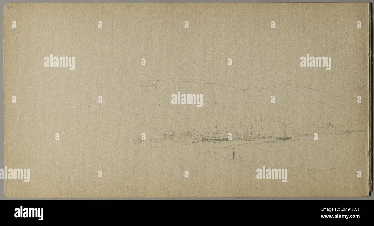 Sketchbook italiano Sanford Robinson Gifford (americano, 1823-1880). Sketchbook italiano, 1867-1868. Grafite su carta marrone, peso medio, leggermente ruvida, 5 x 9 x 7/16 pollici (12,7 x 22,9 x 1,1 cm). Questo libro di schizzo è stato utilizzato come diario di viaggio per il pittore di paesaggio della Hudson River School Sanford Robinson Gifford durante i suoi viaggi in Francia, Svizzera e Italia. In questo spread di due pagine raffigurante la chiesa di Santa Caterina del Sasso, arroccata precariamente sul bordo di una rupe che domina il Lago maggiore in Italia, le linee precise e sicure di Gifford esemplificano le sue capacità di disegnatore. Un pr Foto Stock