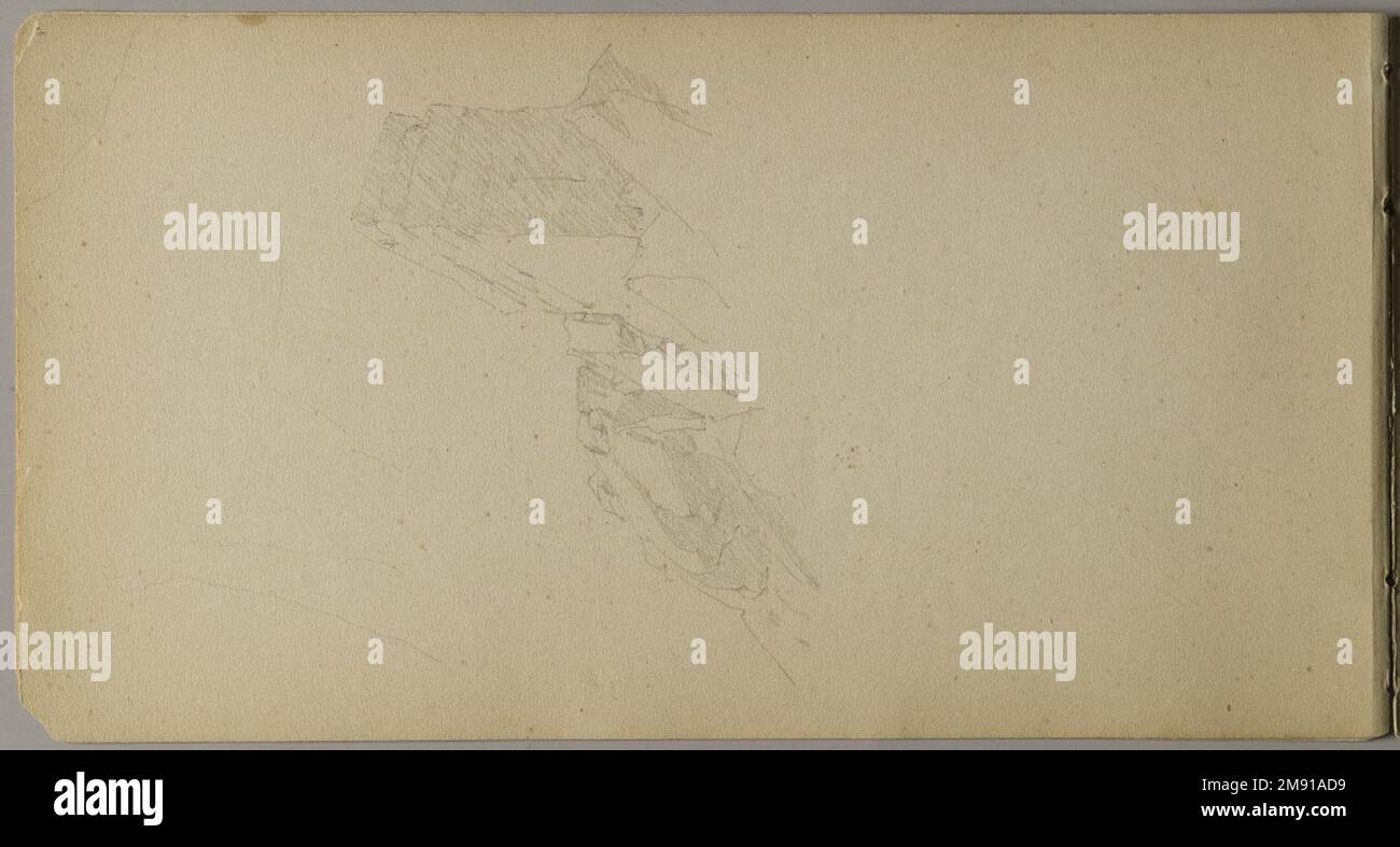 Sketchbook italiano Sanford Robinson Gifford (americano, 1823-1880). Sketchbook italiano, 1867-1868. Grafite su carta marrone, peso medio, leggermente ruvida, 5 x 9 x 7/16 pollici (12,7 x 22,9 x 1,1 cm). Questo libro di schizzo è stato utilizzato come diario di viaggio per il pittore di paesaggio della Hudson River School Sanford Robinson Gifford durante i suoi viaggi in Francia, Svizzera e Italia. In questo spread di due pagine raffigurante la chiesa di Santa Caterina del Sasso, arroccata precariamente sul bordo di una rupe che domina il Lago maggiore in Italia, le linee precise e sicure di Gifford esemplificano le sue capacità di disegnatore. Un pr Foto Stock