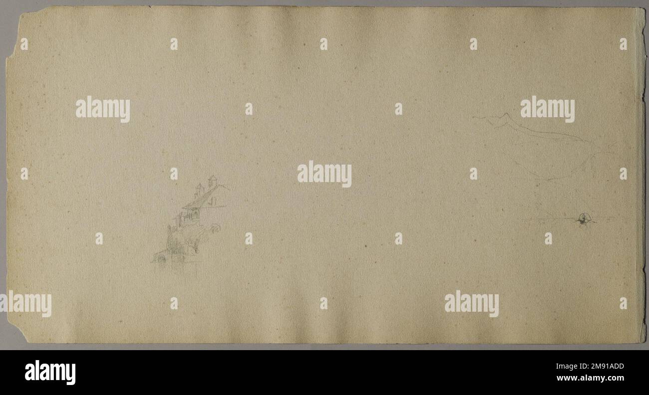 Sketchbook italiano Sanford Robinson Gifford (americano, 1823-1880). Sketchbook italiano, 1867-1868. Grafite su carta marrone, peso medio, leggermente ruvida, 5 x 9 x 7/16 pollici (12,7 x 22,9 x 1,1 cm). Questo libro di schizzo è stato utilizzato come diario di viaggio per il pittore di paesaggio della Hudson River School Sanford Robinson Gifford durante i suoi viaggi in Francia, Svizzera e Italia. In questo spread di due pagine raffigurante la chiesa di Santa Caterina del Sasso, arroccata precariamente sul bordo di una rupe che domina il Lago maggiore in Italia, le linee precise e sicure di Gifford esemplificano le sue capacità di disegnatore. Un pr Foto Stock
