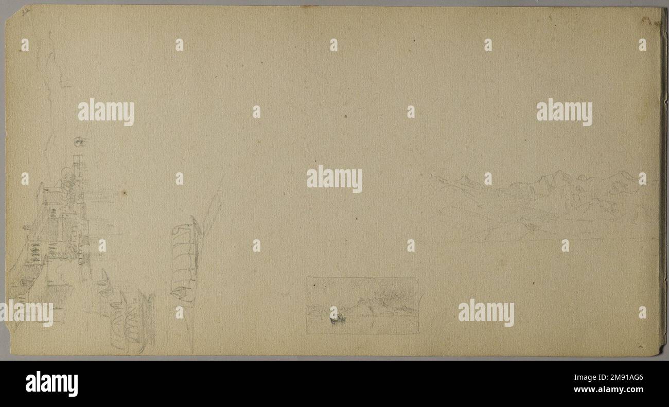 Sketchbook italiano Sanford Robinson Gifford (americano, 1823-1880). Sketchbook italiano, 1867-1868. Grafite su carta marrone, peso medio, leggermente ruvida, 5 x 9 x 7/16 pollici (12,7 x 22,9 x 1,1 cm). Questo libro di schizzo è stato utilizzato come diario di viaggio per il pittore di paesaggio della Hudson River School Sanford Robinson Gifford durante i suoi viaggi in Francia, Svizzera e Italia. In questo spread di due pagine raffigurante la chiesa di Santa Caterina del Sasso, arroccata precariamente sul bordo di una rupe che domina il Lago maggiore in Italia, le linee precise e sicure di Gifford esemplificano le sue capacità di disegnatore. Un pr Foto Stock