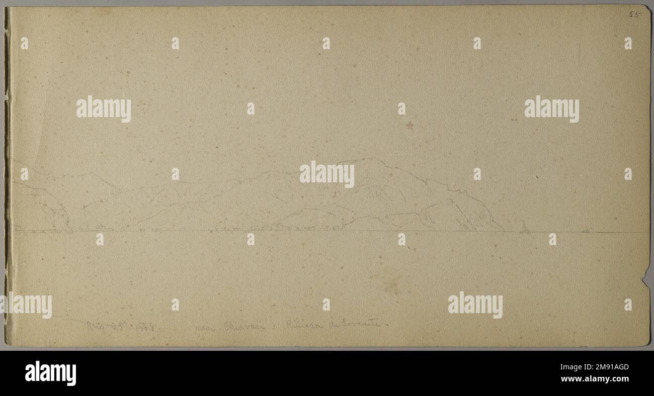 Sketchbook italiano Sanford Robinson Gifford (americano, 1823-1880). Sketchbook italiano, 1867-1868. Grafite su carta marrone, peso medio, leggermente ruvida, 5 x 9 x 7/16 pollici (12,7 x 22,9 x 1,1 cm). Questo libro di schizzo è stato utilizzato come diario di viaggio per il pittore di paesaggio della Hudson River School Sanford Robinson Gifford durante i suoi viaggi in Francia, Svizzera e Italia. In questo spread di due pagine raffigurante la chiesa di Santa Caterina del Sasso, arroccata precariamente sul bordo di una rupe che domina il Lago maggiore in Italia, le linee precise e sicure di Gifford esemplificano le sue capacità di disegnatore. Un pr Foto Stock