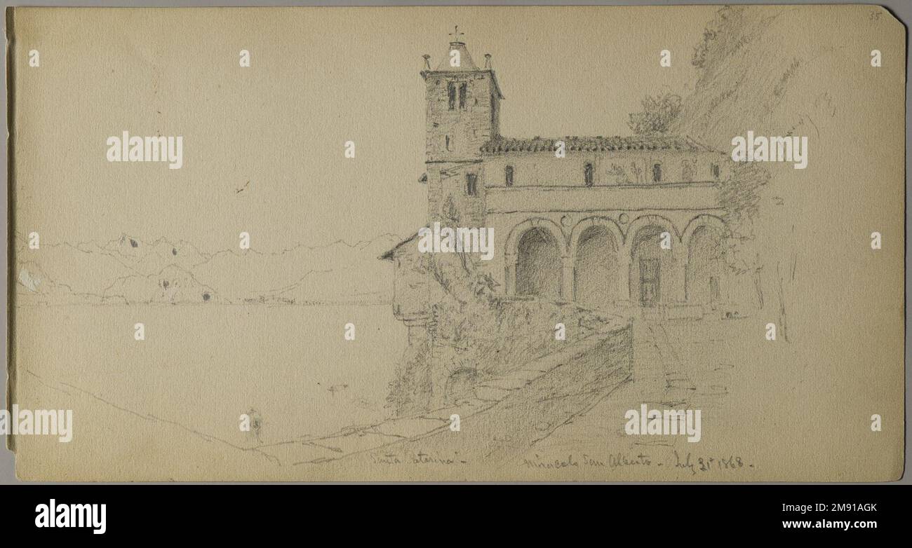 Sketchbook italiano Sanford Robinson Gifford (americano, 1823-1880). Sketchbook italiano, 1867-1868. Grafite su carta marrone, peso medio, leggermente ruvida, 5 x 9 x 7/16 pollici (12,7 x 22,9 x 1,1 cm). Questo libro di schizzo è stato utilizzato come diario di viaggio per il pittore di paesaggio della Hudson River School Sanford Robinson Gifford durante i suoi viaggi in Francia, Svizzera e Italia. In questo spread di due pagine raffigurante la chiesa di Santa Caterina del Sasso, arroccata precariamente sul bordo di una rupe che domina il Lago maggiore in Italia, le linee precise e sicure di Gifford esemplificano le sue capacità di disegnatore. Un pr Foto Stock