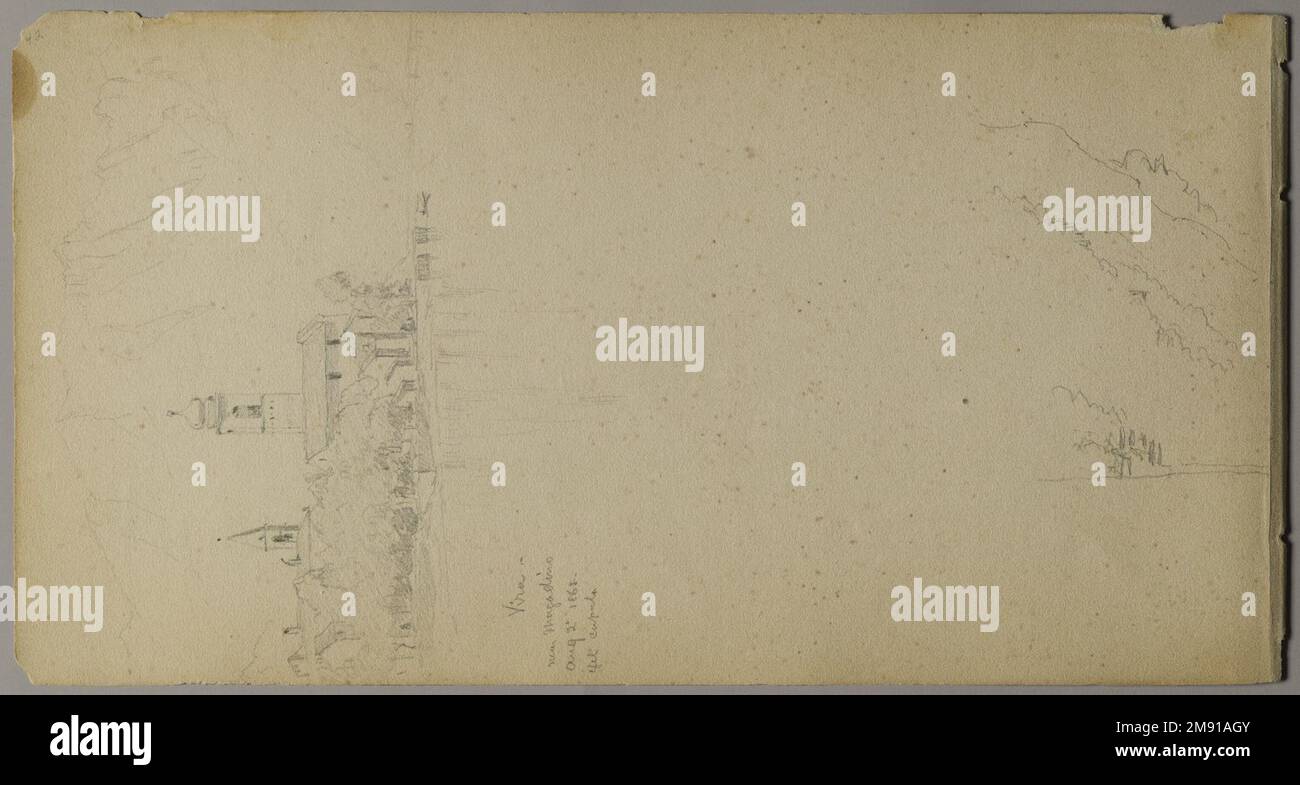 Sketchbook italiano Sanford Robinson Gifford (americano, 1823-1880). Sketchbook italiano, 1867-1868. Grafite su carta marrone, peso medio, leggermente ruvida, 5 x 9 x 7/16 pollici (12,7 x 22,9 x 1,1 cm). Questo libro di schizzo è stato utilizzato come diario di viaggio per il pittore di paesaggio della Hudson River School Sanford Robinson Gifford durante i suoi viaggi in Francia, Svizzera e Italia. In questo spread di due pagine raffigurante la chiesa di Santa Caterina del Sasso, arroccata precariamente sul bordo di una rupe che domina il Lago maggiore in Italia, le linee precise e sicure di Gifford esemplificano le sue capacità di disegnatore. Un pr Foto Stock