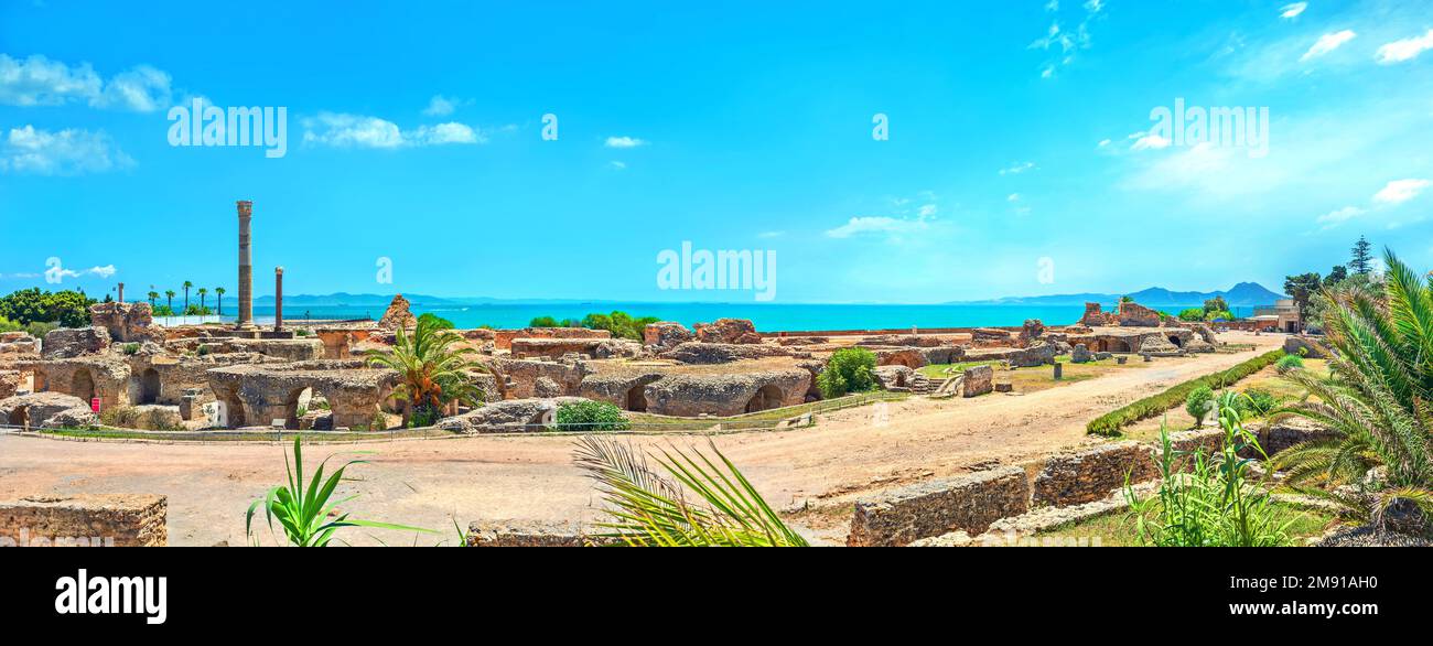 Vista panoramica delle antiche rovine con bagni termali a Cartagine. Tunisi, Tunisia, Nord Africa Foto Stock