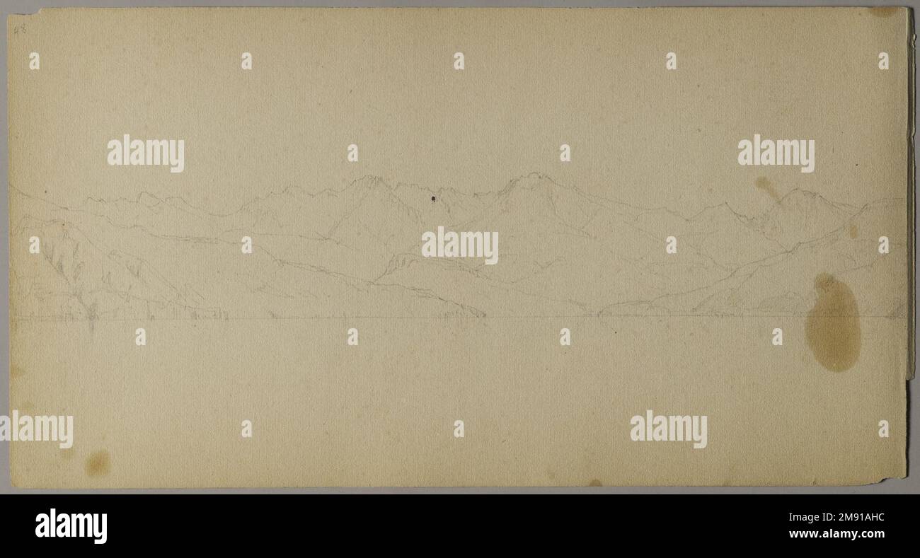 Sketchbook italiano Sanford Robinson Gifford (americano, 1823-1880). Sketchbook italiano, 1867-1868. Grafite su carta marrone, peso medio, leggermente ruvida, 5 x 9 x 7/16 pollici (12,7 x 22,9 x 1,1 cm). Questo libro di schizzo è stato utilizzato come diario di viaggio per il pittore di paesaggio della Hudson River School Sanford Robinson Gifford durante i suoi viaggi in Francia, Svizzera e Italia. In questo spread di due pagine raffigurante la chiesa di Santa Caterina del Sasso, arroccata precariamente sul bordo di una rupe che domina il Lago maggiore in Italia, le linee precise e sicure di Gifford esemplificano le sue capacità di disegnatore. Un pr Foto Stock