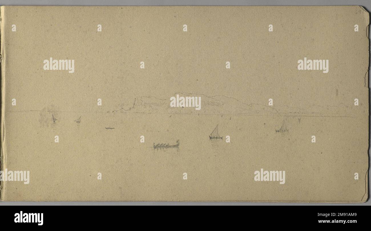 Sketchbook italiano Sanford Robinson Gifford (americano, 1823-1880). Sketchbook italiano, 1867-1868. Grafite su carta marrone, peso medio, leggermente ruvida, 5 x 9 x 7/16 pollici (12,7 x 22,9 x 1,1 cm). Questo libro di schizzo è stato utilizzato come diario di viaggio per il pittore di paesaggio della Hudson River School Sanford Robinson Gifford durante i suoi viaggi in Francia, Svizzera e Italia. In questo spread di due pagine raffigurante la chiesa di Santa Caterina del Sasso, arroccata precariamente sul bordo di una rupe che domina il Lago maggiore in Italia, le linee precise e sicure di Gifford esemplificano le sue capacità di disegnatore. Un pr Foto Stock