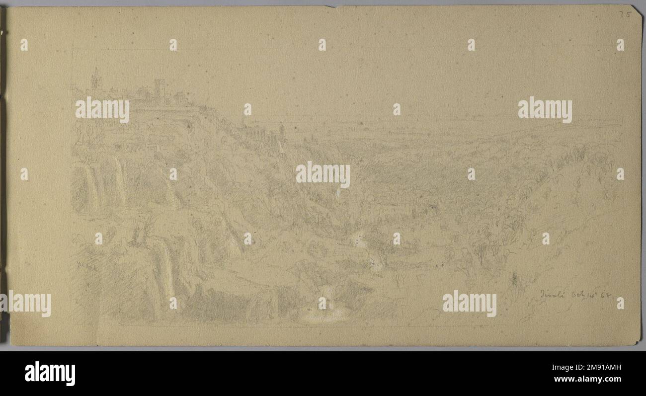 Sketchbook italiano Sanford Robinson Gifford (americano, 1823-1880). Sketchbook italiano, 1867-1868. Grafite su carta marrone, peso medio, leggermente ruvida, 5 x 9 x 7/16 pollici (12,7 x 22,9 x 1,1 cm). Questo libro di schizzo è stato utilizzato come diario di viaggio per il pittore di paesaggio della Hudson River School Sanford Robinson Gifford durante i suoi viaggi in Francia, Svizzera e Italia. In questo spread di due pagine raffigurante la chiesa di Santa Caterina del Sasso, arroccata precariamente sul bordo di una rupe che domina il Lago maggiore in Italia, le linee precise e sicure di Gifford esemplificano le sue capacità di disegnatore. Un pr Foto Stock